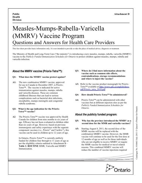 Measles-Mumps-Rubella-Varicella (MMRV) Vaccine Program