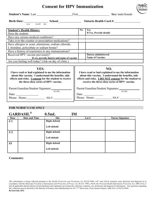 HPV Vaccine Consent form - Grey Bruce Health Unit