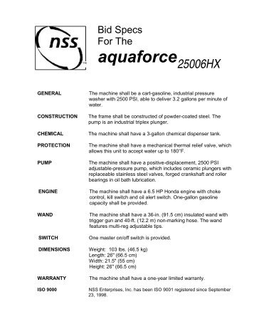 AquaForce 25006HX Specs - NSS Enterprises, Inc.