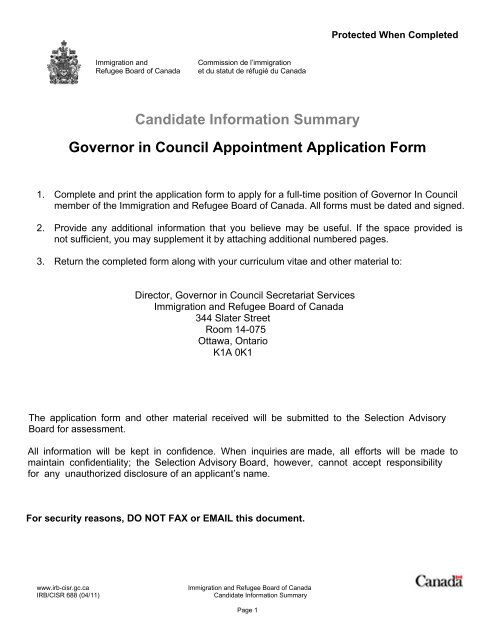 Application Form Immigration And Refugee Board Of Canada
