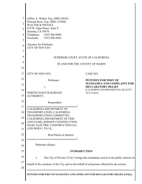 City of Novato Writ of Mandamus and Complaint for Declaratory Relief