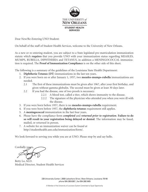 Immunization Form - Student Health Services - University of New ...