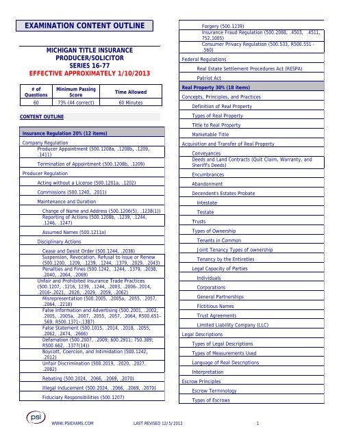 EXAMINATION CONTENT OUTLINE - PSI