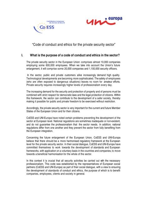 Code Of Conduct And Ethics For The Private Security Sector Coess