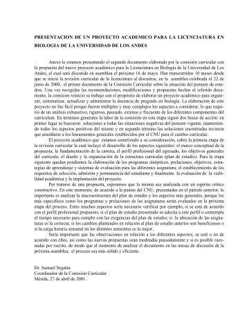 Proyecto Curricular Licenciatura en BiologÃ­a. Parte II (mayo 2001)