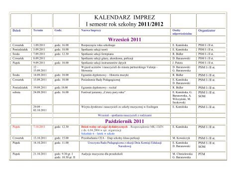 KALENDARZ IMPREZ I semestr rok szkolny 2011/2012