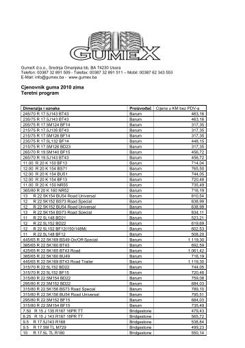 Cjenovnik guma 2010 zima Teretni program - GUMEX doo