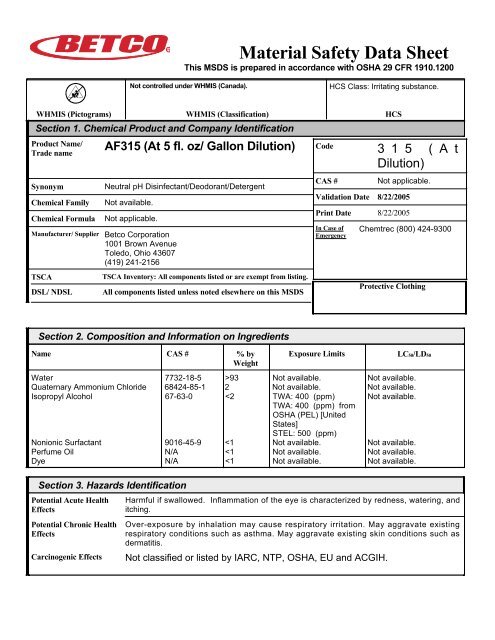 315 AF315 MSDS English (Diluted) - Betco Corporation