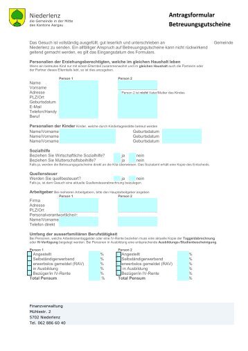 Antragsformular Betreuungsgutscheine - Niederlenz