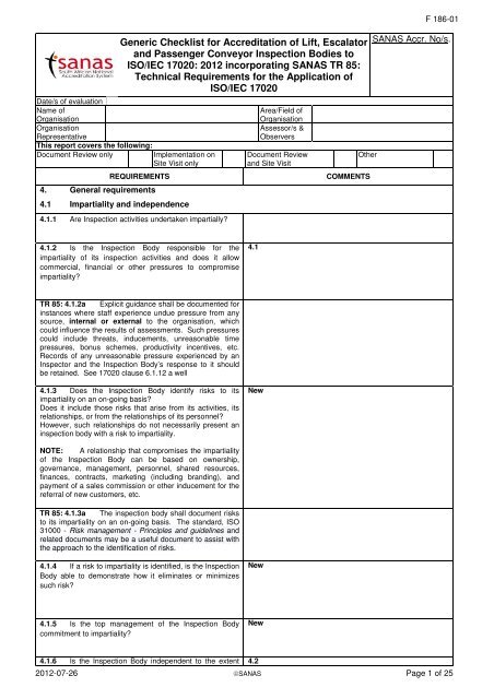 generic checklist for accreditation of lift escalator and generic checklist