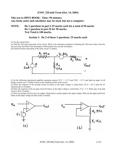 ENSC 220 mid Term (Oct. 14, 2004) This test is OPEN BOOK: Time ...