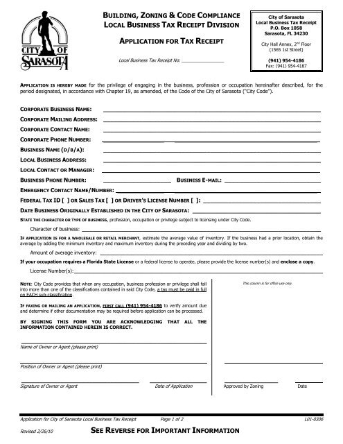 Local Business Tax Receipt Application - City of Sarasota