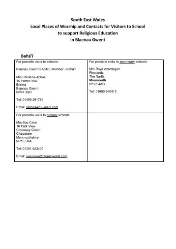 Faith representatives and local places of worship contact list