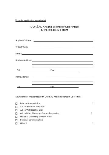 L'ORÉAL Art and Science of Color Prize APPLICATION FORM