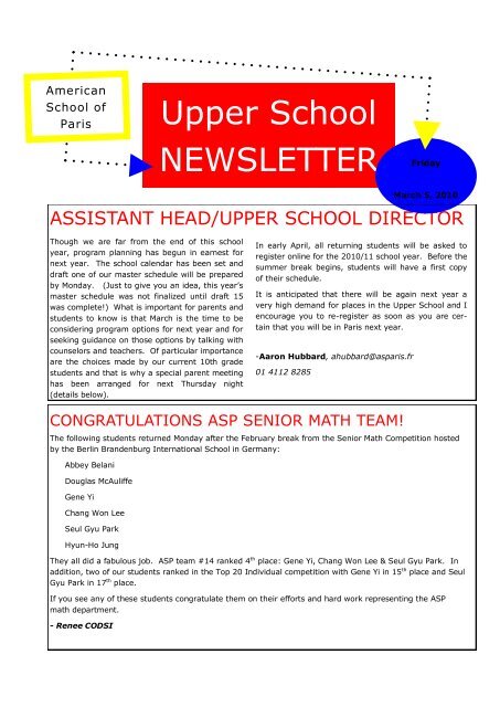 Upper School NEWSLETTER - American School of Paris