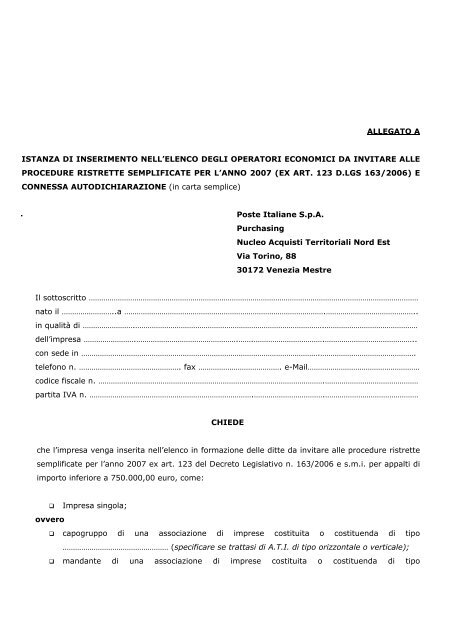 Allegato A Istanza Di Inserimento Nell Elenco Degli Poste Italiane