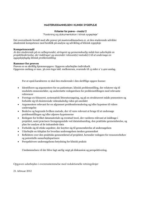 MASTERUDDANNELSEN I KLINISK SYGEPLEJE Kriterier for prÃ¸ve ...