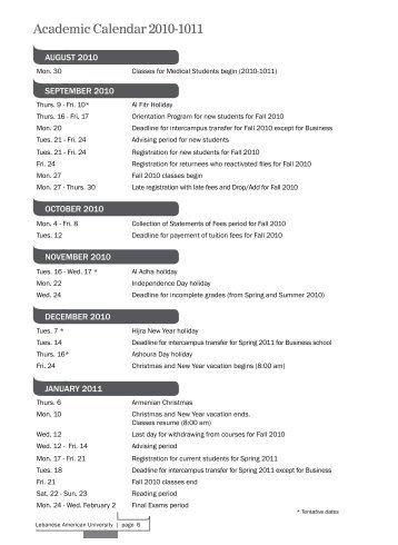 Academic Calendar 2010-1011 - LAU Publications - Lebanese ...