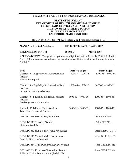 transmittal letter for manual releases - Maryland Medical Programs