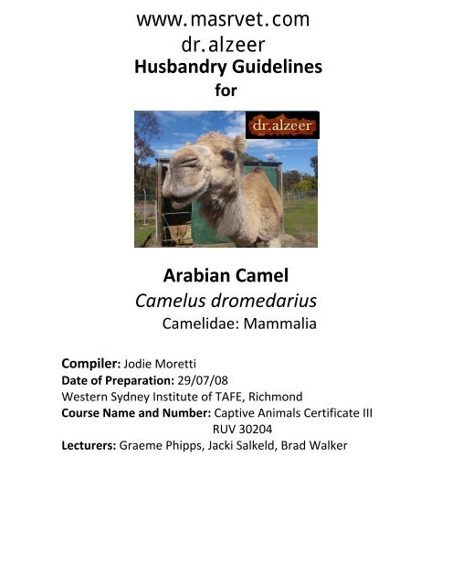 Husbandry Guidelines Arabian Camel Camelus dromedarius www