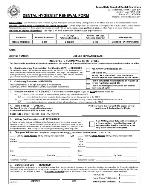 DENTAL HYGIENIST RENEWAL FORM - Texas State Board of ...