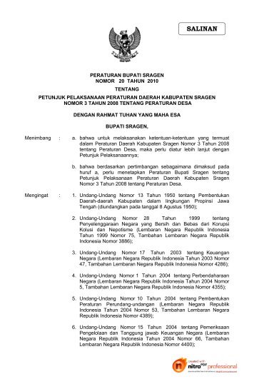 Perbup No. 20 Tahun 2010 ttg Juklak Peraturan Desa..pdf