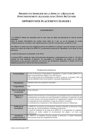 OPC1- Prospectus simplifiÃ© - Ã©dition du 06-12-2007 - Ciloger