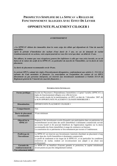 OPC1- Prospectus simplifiÃ© - Ã©dition du 06-12-2007 - Ciloger