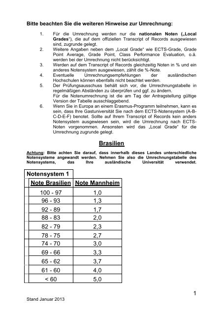 1 Brasilien Notensystem 1 Note Brasilien Note Mannheim Bwl