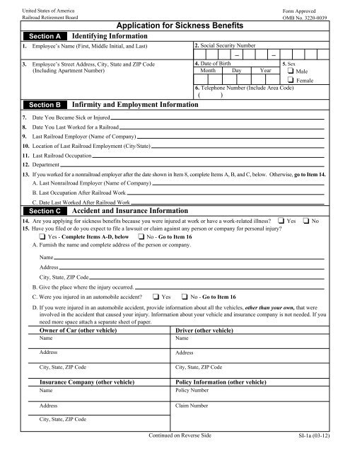 Application for Sickness Benefits - U.S. Railroad Retirement Board