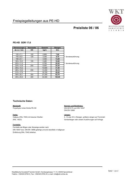 Preisliste Freispiegelleitungen aus PE-HD-06-06 - WKT