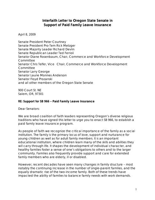 Interfaith Letter to Oregon State Senate in Support of Paid Family ...