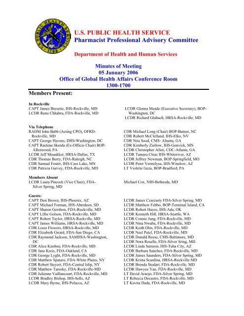 U S Public Health Service Pharmacist Professional Advisory