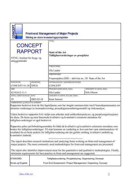 State of the art - Tidligfasevurdering av prosjekter - Concept - NTNU