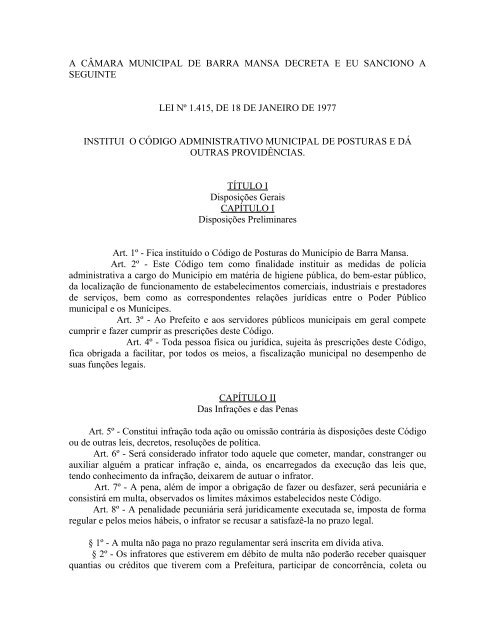 Lei nÃ‚Âº 1415 de 18 de janeiro de 1977 - Prefeitura Municipal de Barra ...