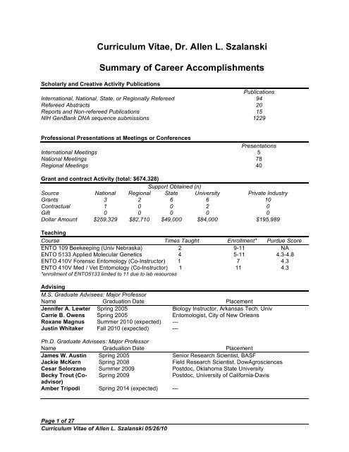 Curriculum Vitae - Department of Entomology - University of Arkansas