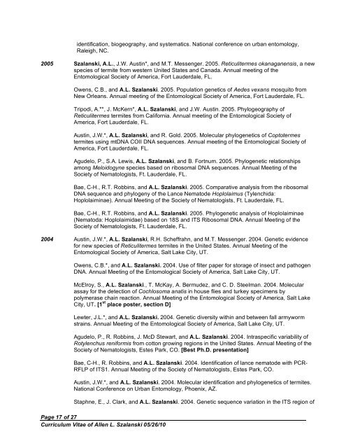 Curriculum Vitae - Department of Entomology - University of Arkansas