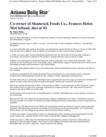 Co-owner of Shamrock Foods Co., Frances Helen McClelland, dies ...