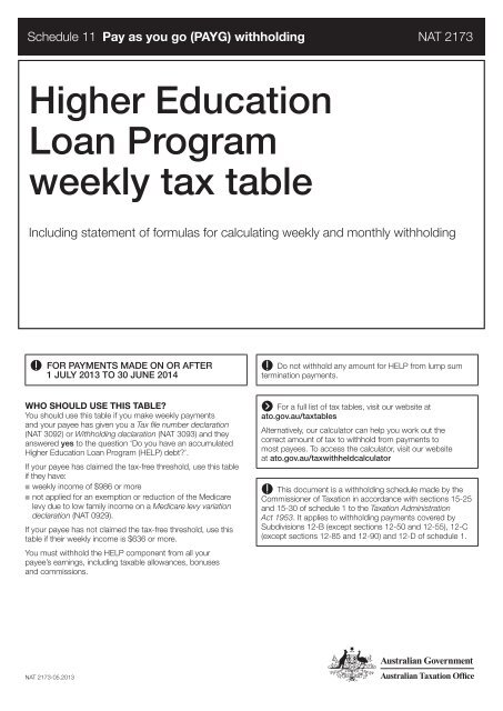 Higher Education Loan Program Weekly Tax Table Australian 