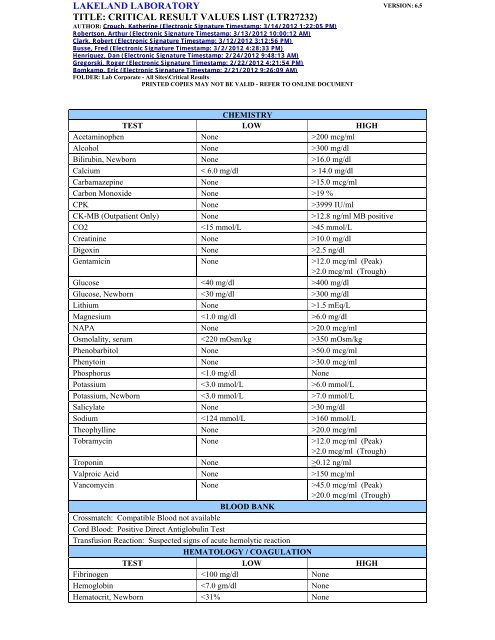 critical result values list