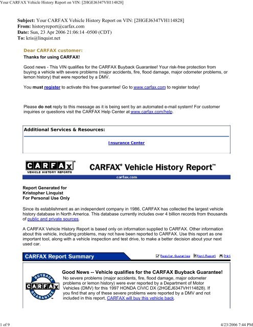 Your CARFAX Vehicle History Report on VIN ... - Linquist.net