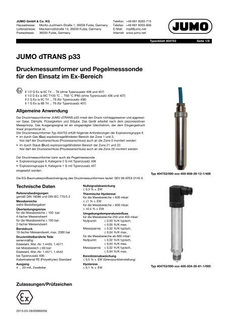 JUMO dTRANS p33 Druckmessumformer und Pegelmesssonde fÃ¼r ...