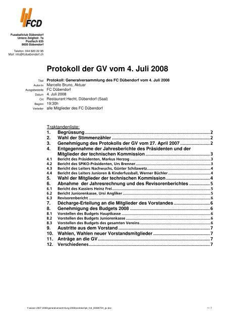 Protokoll der GV vom 4. Juli 2008 - FC DÃ¼bendorf