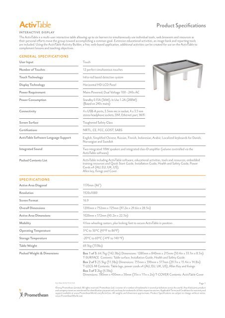 ActivTable Specification Sheet - Promethean Technology in ...