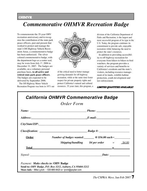 Jan-Feb 2007 - California State Park Rangers Association ~ CSPRA