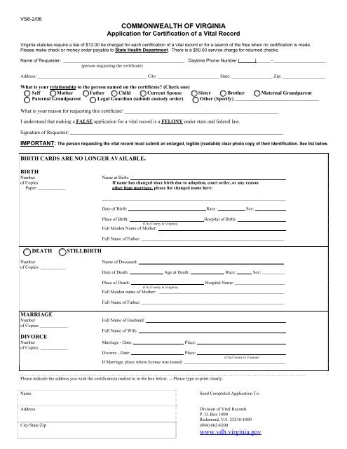 Application for Certification of a Vital Record - Virginia Department of ...