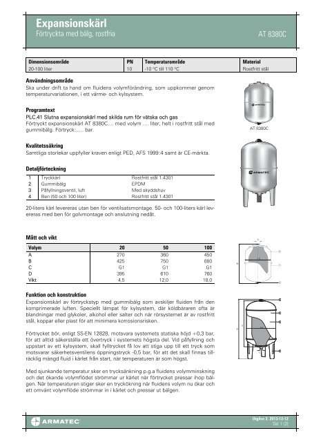 ProduktbladfÃ¶r ExpansionskÃ¤rl - FÃ¶rtryckta med bÃ¤lg, rostfria - Armatec