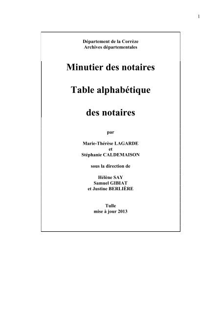 Minutier des notaires Table alphabÃ©tique des notaires - Archives ...