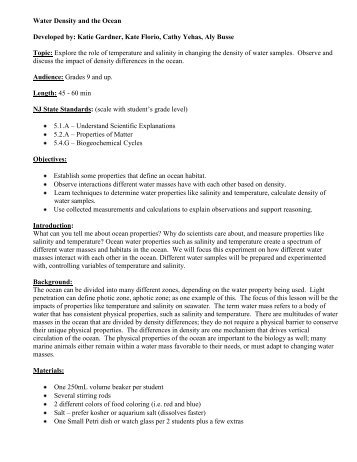 Water Density & the Ocean Lesson Plan Middle & High ... - cosee now