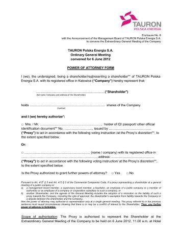 power of attorney form tauron polska energia